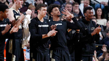 INDIANAPOLIS, IN - DECEMBER 16: Purdue Boilermakers players react from the bench against the Butler Bulldogs in the second half of the Crossroads Classic at Bankers Life Fieldhouse on December 16, 2017 in Indianapolis, Indiana. Purdue won 82-67. (Photo by Joe Robbins/Getty Images)