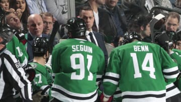 DALLAS, TX - JANUARY 30: Jim Montgomery of the Dallas Stars talks to his players during a stop in the action against the Buffalo Sabres at the American Airlines Center on January 30, 2019 in Dallas, Texas. (Photo by Glenn James/NHLI via Getty Images)