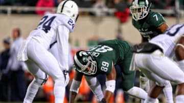 Nov 28, 2015; East Lansing, MI, USA; Michigan State Spartans defensive end Shilique Calhoun (89) prepares to defend Penn State Nittany Lions quarterback Christian Hackenberg (not pictured) during the 2nd half of a game at Spartan Stadium. Mandatory Credit: Mike Carter-USA TODAY Sports