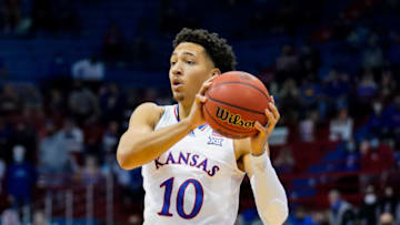 Feb 20, 2021; Lawrence, Kansas, USA; Kansas Jayhawks forward Jalen Wilson (10) looks to pass against the Texas Tech Red Raiders during the first half at Allen Fieldhouse. Mandatory Credit: Jay Biggerstaff-USA TODAY Sports