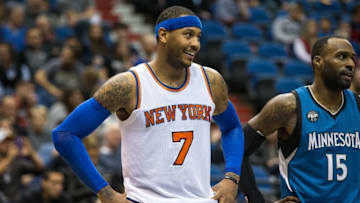 Feb 20, 2016; Minneapolis, MN, USA; New York Knicks forward Carmelo Anthony (7) against the Minnesota Timberwolves at Target Center. The Knicks defeated the Timberwolves 103-95. Mandatory Credit: Brace Hemmelgarn-USA TODAY Sports