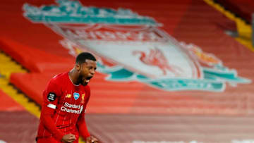 Liverpool midfielder Georginio Wijnaldum. (Photo by PHIL NOBLE / POOL / AFP) / RESTRICTED TO EDITORIAL USE. No use with unauthorized audio, video, data, fixture lists, club/league logos or 'live' services. Online in-match use limited to 120 images. An additional 40 images may be used in extra time. No video emulation. Social media in-match use limited to 120 images. An additional 40 images may be used in extra time. No use in betting publications, games or single club/league/player publications. / (Photo by PHIL NOBLE/POOL/AFP via Getty Images)
