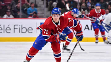 MONTREAL, QC - FEBRUARY 08: Jake Evans #71 of the Montreal Canadiens skates against the Toronto Maple Leafs during the second period at the Bell Centre on February 8, 2020 in Montreal, Canada. The Montreal Canadiens defeated the Toronto Maple Leafs 2-1 in overtime. (Photo by Minas Panagiotakis/Getty Images)