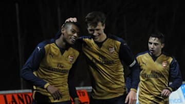 LLANELLI, WALES - JANUARY 15: Jeff Reine-Adelaide celebrates scoring Arsenal's 2nd goal with Krystian Bielik during the match between Swansea U18 and Arsenal U18 at Stebonheath Park on January 15, 2016 in Llanelli, Wales. (Photo by David Price/Arsenal FC via Getty Images)