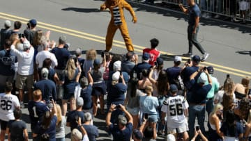 The Penn State Nittany Lion mascot interacts with the fans prior to the game between the Ball State Cardinals and the Penn State Nittany Lions at Beaver Stadium. Mandatory Credit: Matthew OHaren-USA TODAY Sports