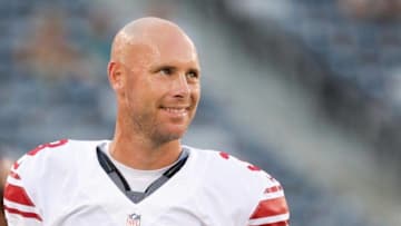 Aug 27, 2016; East Rutherford, NJ, USA; New York Giants kicker Josh Brown (3) before the preseason game against the New York Jets at MetLife Stadium. The Giants won, 21-20. Mandatory Credit: Vincent Carchietta-USA TODAY Sports