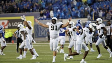 MEMPHIS, TN - OCTOBER 13: Joey Connors #91 of the Central Florida Knights celebrates at the end of the game against the Memphis Tigers on October 13, 2018 at Liberty Bowl Memorial Stadium in Memphis, Tennessee. Central Florida defeated Memphis 31-30. (Photo by Joe Murphy/Getty Images)
