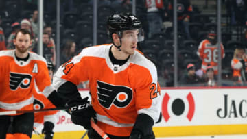 PHILADELPHIA, PA - DECEMBER 19: Mikhail Vorobyev #24 of the Philadelphia Flyers warms up against the Buffalo Sabres on December 19, 2019 at the Wells Fargo Center in Philadelphia, Pennsylvania. (Photo by Len Redkoles/NHLI via Getty Images)