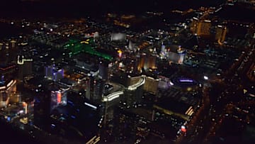 May 11, 2016; Las Vegas, NV, USA; General aerial view of the MGM Grand, Mandalay Bay, Monte Carlo, Luxor and Bellagio hotels and the T-Mobile Arena on the Las Vegas strip skyline on Las Vegas Blvd. Mandatory Credit: Kirby Lee-USA TODAY Sports