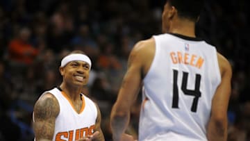 Dec 31, 2014; Oklahoma City, OK, USA; Phoenix Suns guard Isaiah Thomas (3) talks to Phoenix Suns guard Gerald Green (14) in action against the Oklahoma City Thunder at Chesapeake Energy Arena. Mandatory Credit: Mark D. Smith-USA TODAY Sports