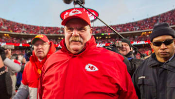 KANSAS CITY, MO - JANUARY 19: Kansas City Chiefs head coach Andy Reid makes his way to the champions platform after the AFC Championship game between the Tennessee Titans and the Kansas City Chiefs on Sunday January 19, 2020 at Arrowhead Stadium in Kansas City, MO. (Photo by Nick Tre. Smith/Icon Sportswire via Getty Images)