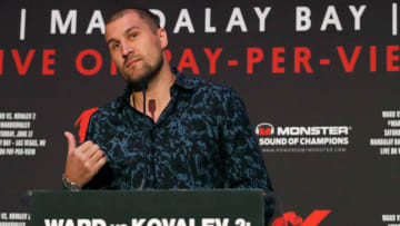 LOS ANGELES, CA - APRIL 12: Sergey Kovalev speaks during the press conference at the Roosevelt Ballroom on April 12, 2017 in Los Angeles, California. Sergey Kovalev will challenge Andre Ward for the Unified Light Heavyweight World Championship Saturday, June 17, 2017 at the Mandalay Bay Resort in Las Vegas. (Photo by Josh Lefkowitz/Getty Images)