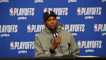 HOUSTON, TX - MAY 6: Kevin Durant #35 of the Golden State Warriors speaks with the media after Game Four of the Western Conference Semifinals of the 2019 NBA Playoffs against the Houston Rockets on May 6, 2019 at the Toyota Center in Houston, Texas. NOTE TO USER: User expressly acknowledges and agrees that, by downloading and/or using this photograph, user is consenting to the terms and conditions of the Getty Images License Agreement. Mandatory Copyright Notice: Copyright 2019 NBAE (Photo by Bill Baptist/NBAE via Getty Images)