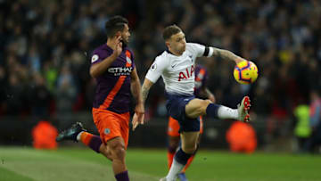 LONDON, ENGLAND - OCTOBER 29: Kieran Trippier of Tottenham Hotspur controls the ball from Sergio Aguero of Manchester City during the Premier League match between Tottenham Hotspur and Manchester City at Wembley Stadium on October 29, 2018 in London, United Kingdom. (Photo by Richard Heathcote/Getty Images)