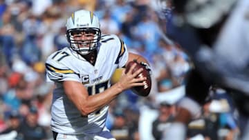 Sep 18, 2016; San Diego, CA, USA; San Diego Chargers quarterback Philip Rivers (17) scrambles during the second half of the game against the Jacksonville Jaguars at Qualcomm Stadium. San Diego won 38-14. Mandatory Credit: Orlando Ramirez-USA TODAY Sports