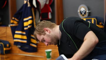BUFFALO, NY - APRIL 4: Linus Ullmark #35 of the Buffalo Sabres prepares before an NHL game against the Ottawa Senators on April 4, 2019 at KeyBank Center in Buffalo, New York. (Photo by Bill Wippert/NHLI via Getty Images)