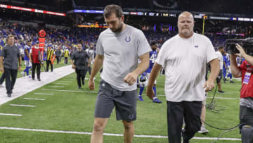 INDIANAPOLIS, IN - AUGUST 24: Andrew Luck #12 of the Indianapolis Colts walks off the field following reports of his retirement from the NFL after the preseason game against the Chicago Bears at Lucas Oil Stadium on August 24, 2019 in Indianapolis, Indiana. (Photo by Michael Hickey/Getty Images)