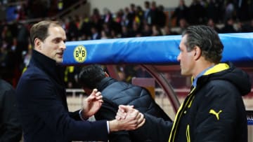 MONACO - APRIL 19: Thomas Tuchel head coach of Borussia Dortmund and Michael Zorc of Borussia Dortmund before the UEFA Champions League Quarter Final second leg match between AS Monaco and Borussia Dortmund at Stade Louis II on April 19, 2017 in Monaco, Monaco. (Photo by Alex Grimm/Bongarts/Getty Images )