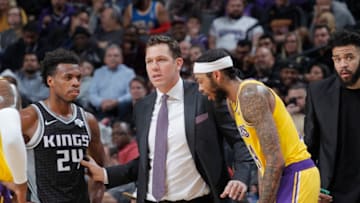 SACRAMENTO, CA - DECEMBER 27: Head coach Luke Walton of the Los Angeles Lakers coaches against the Sacramento Kings on December 27, 2018 at Golden 1 Center in Sacramento, California. NOTE TO USER: User expressly acknowledges and agrees that, by downloading and or using this photograph, User is consenting to the terms and conditions of the Getty Images Agreement. Mandatory Copyright Notice: Copyright 2018 NBAE (Photo by Rocky Widner/NBAE via Getty Images)