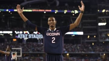 Apr 5, 2014; Arlington, TX, USA; Connecticut Huskies forward DeAndre Daniels (2) celebrates after defeating Florida Gators 63-53 in the semifinals of the Final Four in the 2014 NCAA Mens Division I Championship tournament at AT&T Stadium. Mandatory Credit: Bob Donnan-USA TODAY Sports