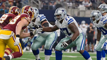 Jan 3, 2016; Arlington, TX, USA; Dallas Cowboys tackle Tyron Smith (77) in action during the game against the Washington Redskins at AT&T Stadium. The Redskins defeat the Cowboys 34-23. Mandatory Credit: Jerome Miron-USA TODAY Sports