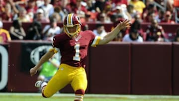 Sep 22, 2013; Landover, MD, USA; Washington Redskins place kicker John Potter (1) kicks off against the Detroit Lions during the second half at FedEX Field. The Lions won 27 - 20. Mandatory Credit: Brad Mills-USA TODAY Sports