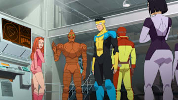 Invincible - Episode 102 - "Here Goes Nothing" -- Pictured (L-R): Gillian Jacobs (Atom Eve), Zachary Quinto (Robot), Steven Yeun (Mark Grayson), Jason Mantzoukas (Rex Splode), Melise (Dupli-Kate) -- Credit: Courtesy of Amazon Studios