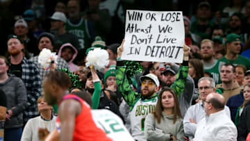 BOSTON, MASSACHUSETTS - DECEMBER 20: A Boston Celtics fan holds a sign during the game against the Detroit Pistons at TD Garden on December 20, 2019 in Boston, Massachusetts. The Celtics defeat the Pistons 114-93. NOTE TO USER: User expressly acknowledges and agrees that, by downloading and or using this photograph, User is consenting to the terms and conditions of the Getty Images License Agreement. (Photo by Maddie Meyer/Getty Images)