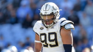 CHAPEL HILL, NC - NOVEMBER 03: Desmond Branch #99 of the Georgia Tech Yellow Jackets reacts after making a tackle for a loss against the North Carolina Tar Heels during the second half of their game at Kenan Stadium on November 3, 2018 in Chapel Hill, North Carolina. Georgia Tech won 38-28. (Photo by Grant Halverson/Getty Images)