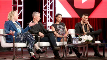 PASADENA, CA - JANUARY 13: (L-R) Creator/Executive producer/showrunner Holly Sorensen, executive producer/pilot director Adam Shankman, and actors Naya Rivera and Petrice Jones of 'Step Up: High Water' speak onstage during the YouTube portion of the 2018 Winter Television Critics Association Press Tour at The Langham Huntington, Pasadena on January 13, 2018 in Pasadena, California. (Photo by Frederick M. Brown/Getty Images)