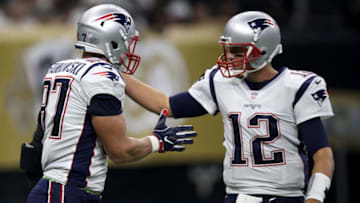 NEW ORLEANS, LA - SEPTEMBER 17: Tom Brady #12 and Rob Gronkowski #87 of the New England Patriots celebrate after a touchdown against the New Orleans Saints at the Mercedes-Benz Superdome on September 17, 2017 in New Orleans, Louisiana. (Photo by Chris Graythen/Getty Images)