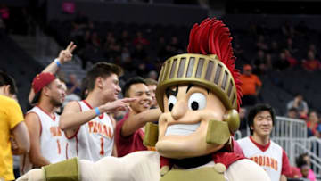 LAS VEGAS, NV - MARCH 08: USC Trojans mascot Tommy Trojan gestures during the team's first-round game of the Pac-12 Basketball Tournament against the Washington Huskies at T-Mobile Arena on March 8, 2017 in Las Vegas, Nevada. USC won 78-73. (Photo by Ethan Miller/Getty Images)