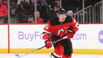 NEWARK, NEW JERSEY - NOVEMBER 23: Sami Vatanen #45 of the New Jersey Devils skates against the Detroit Red Wings at the Prudential Center on November 23, 2019 in Newark, New Jersey. The Devils defeated the Red Wings 5-1. (Photo by Bruce Bennett/Getty Images)