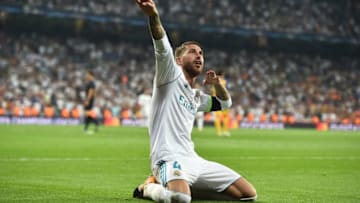 MADRID, SPAIN - SEPTEMBER 13: Sergio Ramos of Real Madrid celebrates scoring his sides third goal during the UEFA Champions League group H match between Real Madrid and APOEL Nikosia at Estadio Santiago Bernabeu on September 13, 2017 in Madrid, Spain. (Photo by Denis Doyle/Getty Images)