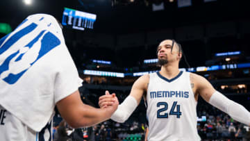 Apr 29, 2022; Minneapolis, Minnesota, USA; Memphis Grizzlies forward Dillon Brooks (24) and guard Desmond Bane (22) celebrate after the game against the Minnesota Timberwolves after game six of the first round for the 2022 NBA playoffs at Target Center. Mandatory Credit: Brad Rempel-USA TODAY Sports