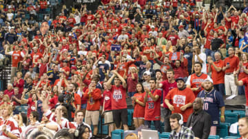 LAS VEGAS, NV - MARCH 12: The Arizona Wildcat fans cheer after a win against the California Golden Bears during a quarterfinal game of the Pac-12 Basketball Tournament at the MGM Grand Garden Arena on March 12, 2015 in Las Vegas, Nevada. (Photo by Paul Dye/J and L Photography/Getty Images )