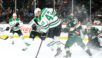 ST. PAUL, MN - SEPTEMBER 20: Dallas Stars left wing Valeri Nichushkin (43) redirects a puck on net in the 1st period during the preseason game between the Dallas Stars and the Minnesota Wild on September 20, 2018 at Xcel Energy Center in St. Paul, Minnesota. (Photo by David Berding/Icon Sportswire via Getty Images)