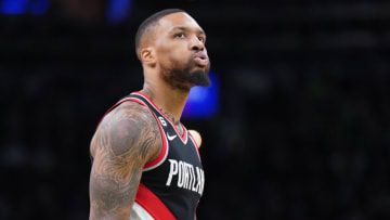 Mar 8, 2023; Boston, Massachusetts, USA; Portland Trail Blazers guard Damian Lillard (0) reacts during a break in the action against the Boston Celtics in the second quarter at TD Garden. Mandatory Credit: David Butler II-USA TODAY Sports