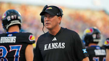 Sep 8, 2023; Lawrence, Kansas, USA; Kansas Jayhawks head coach Lance Leipold during a timeout in the first half against the Illinois Fighting Illini at David Booth Kansas Memorial Stadium. Mandatory Credit: Jay Biggerstaff-USA TODAY Sports