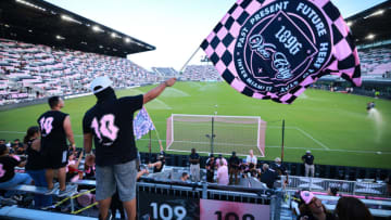 FORT LAUDERDALE, FLORIDA - AUGUST 11: Fans wave flags from the stands prior to the Leagues Cup 2023 quarterfinals match between Charlotte FC and Inter Miami CF at DRV PNK Stadium on August 11, 2023 in Fort Lauderdale, Florida. (Photo by Hector Vivas/Getty Images)