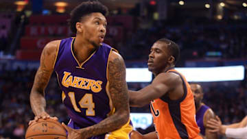 Oct 30, 2016; Oklahoma City, OK, USA; Los Angeles Lakers forward Brandon Ingram (14) handles the ball against Oklahoma City Thunder guard Semaj Christon (6) during the second quarter at Chesapeake Energy Arena. Mandatory Credit: Mark D. Smith-USA TODAY Sports