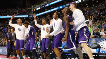 Mar 18, 2016; Brooklyn, NY, USA; Stephen F. Austin Lumberjacks players celebrate on the bench against the West Virginia Mountaineers in the second half in the first round of the 2016 NCAA Tournament at Barclays Center. Mandatory Credit: Anthony Gruppuso-USA TODAY Sports
