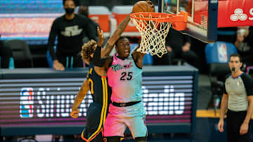 Miami Heat guard Kendrick Nunn (25) goes to the basket against Golden State Warriors guard Kelly Oubre Jr.(Neville E. Guard-USA TODAY Sports)