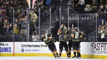 LAS VEGAS, NEVADA - OCTOBER 12: Mark Stone #61 of the Vegas Golden Knights celebrates after scoring a goal during the second period against the Calgary Flames at T-Mobile Arena on October 12, 2019 in Las Vegas, Nevada. (Photo by Jeff Bottari/NHLI via Getty Images)