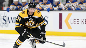 BOSTON, MA - APRIL 13: Taylor Hall #71 of the Boston Bruins skates during the first period of a game against the Buffalo Sabres at TD Garden on April 13, 2021 in Boston, Massachusetts. (Photo by Adam Glanzman/Getty Images)