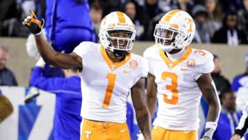 Tennessee wide receiver Velus Jones Jr. (1) celebrates a touchdown with Tennessee wide receiver JaVonta Payton (3) during an SEC football game between Tennessee and Kentucky at Kroger Field in Lexington, Ky. on Saturday, Nov. 6, 2021.Kns Tennessee Kentucky Football