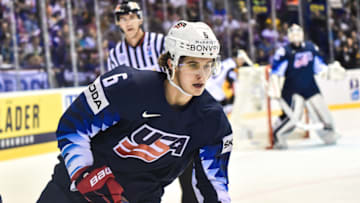 KOSICE, SLOVAKIA - MAY 19: Jack Hughes #6 of USA during the 2019 IIHF Ice Hockey World Championship Slovakia group A game between Germany and United States at Steel Arena on May 19, 2019 in Kosice, Slovakia. (Photo by Lukasz Laskowski/PressFocus/MB Media/Getty Images)