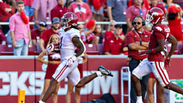 FAYETTEVILLE, ARKANSAS - OCTOBER 01: Jahmyr Gibbs #1 of the Alabama Crimson Tide scores a touchdown in the second half during a game against the Arkansas Razorbacks at Donald W. Reynolds Razorback Stadium on October 01, 2022 in Fayetteville, Arkansas. The Crimson Tide defeated the Razorbacks 49-26. (Photo by Wesley Hitt/Getty Images)