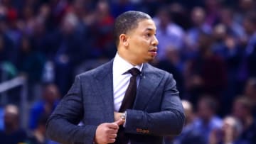 TORONTO, ON - JANUARY 11: Head Coach Tyronn Lue of the Cleveland Cavaliers looks on during the first half of an NBA game against the Toronto Raptors at Air Canada Centre on January 11, 2018 in Toronto, Canada. NOTE TO USER: User expressly acknowledges and agrees that, by downloading and or using this photograph, User is consenting to the terms and conditions of the Getty Images License Agreement. (Photo by Vaughn Ridley/Getty Images)