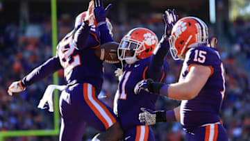 CLEMSON, SOUTH CAROLINA - NOVEMBER 02: Isaiah Simmons #11 of the Clemson Tigers celebrates with teammates after an interception against the Wofford Terriers during their game at Memorial Stadium on November 02, 2019 in Clemson, South Carolina. (Photo by Streeter Lecka/Getty Images)